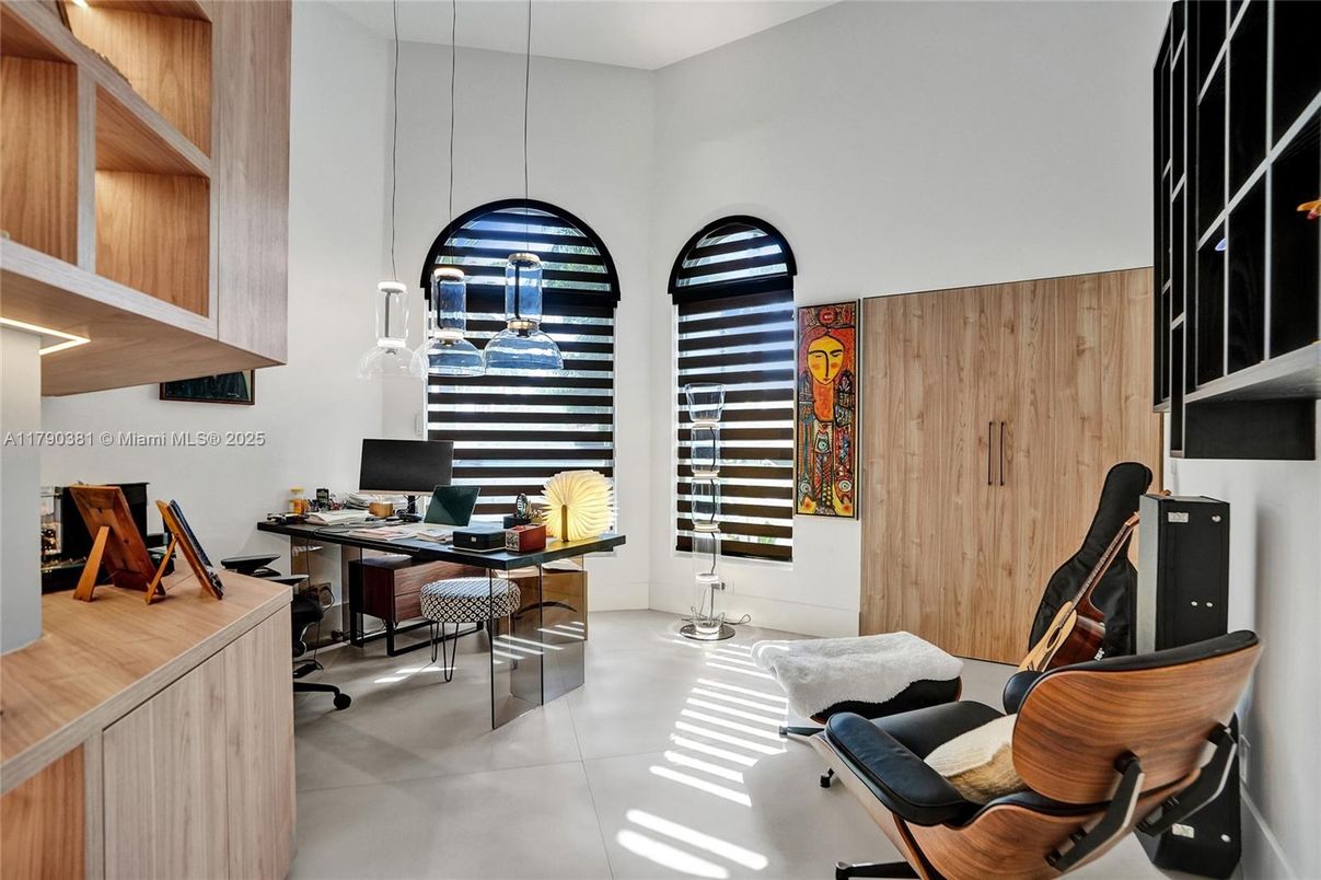 Home Office, Interior, Pendant Lights, Wooden Walls