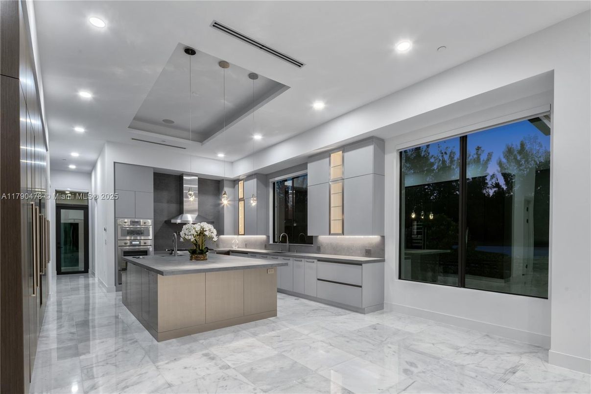 Interior, Kitchen, Marble, Pendant Lights, Recessed Lighting, Stainless Steel Appliances