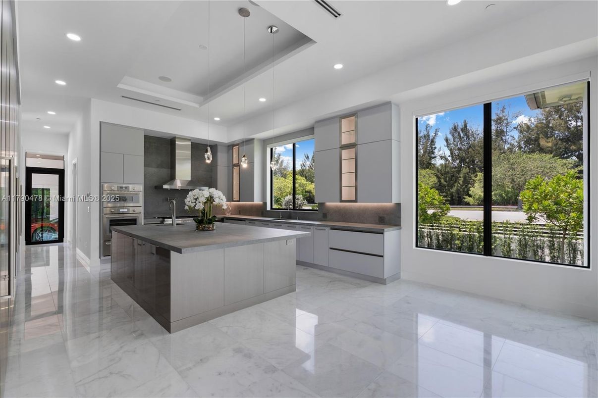 Interior, Kitchen, Marble, Pendant Lights, Recessed Lighting, Stainless Steel Appliances