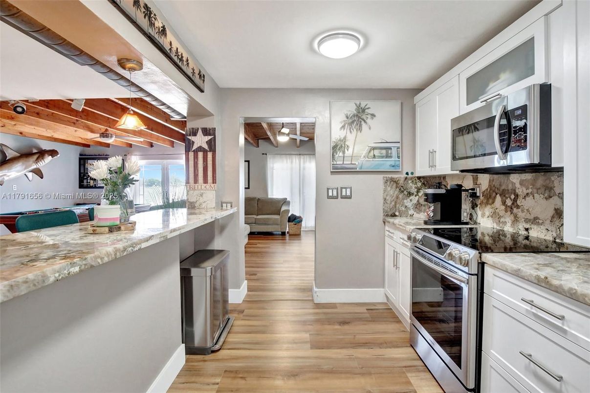 Interior, Kitchen, Stainless Steel Appliances, Wooden Beams, Wood Texture Flooring