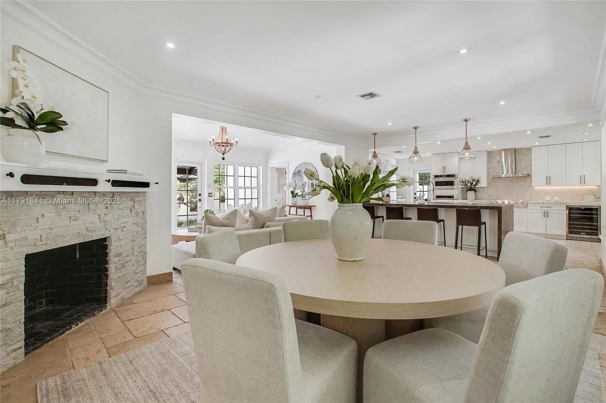 Dining room, Fireplace, Interior, Kitchen, Living room, Pendant Lights, Recessed Lighting