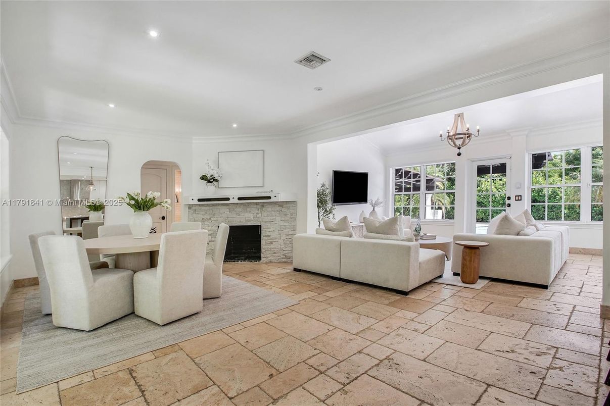 Chandelier, Dining room, Fireplace, Interior, Living room, Recessed Lighting