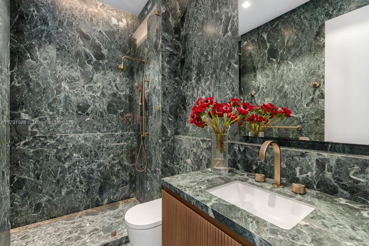 Bathroom, Glass Shower, Interior, Marble Walls, Recessed Lighting