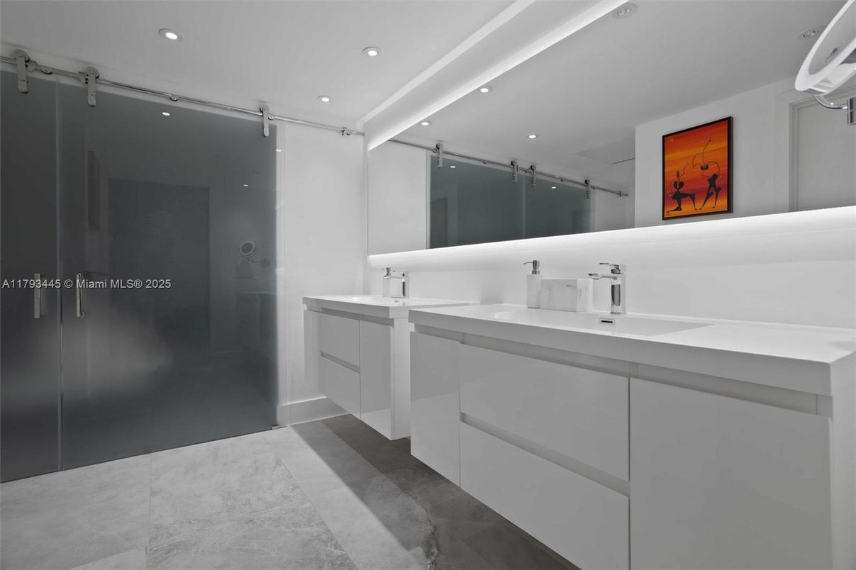 Bathroom, Dual Sink Vanities, Glass Shower, Interior, Recessed Lighting
