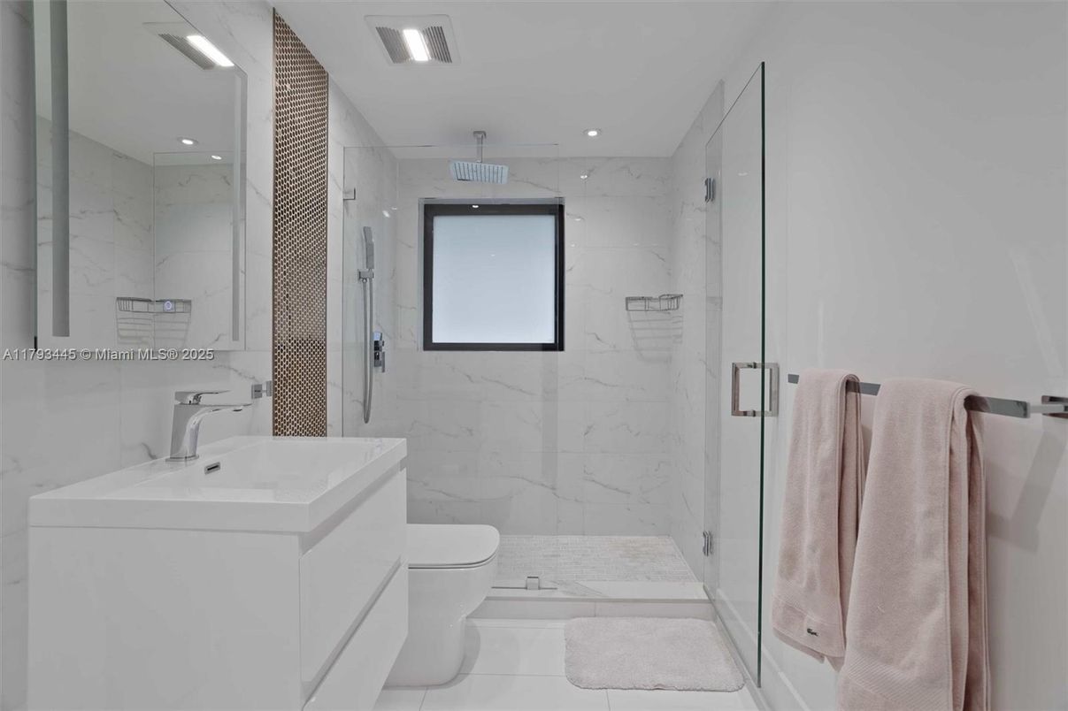 Bathroom, Glass Shower, Interior, Marble, Marble Walls, Recessed Lighting