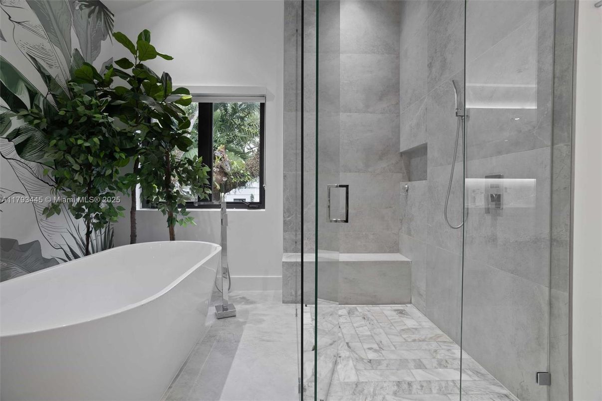 Bathroom, Free Standing Baths, Glass Shower, Interior, Marble, Marble Walls