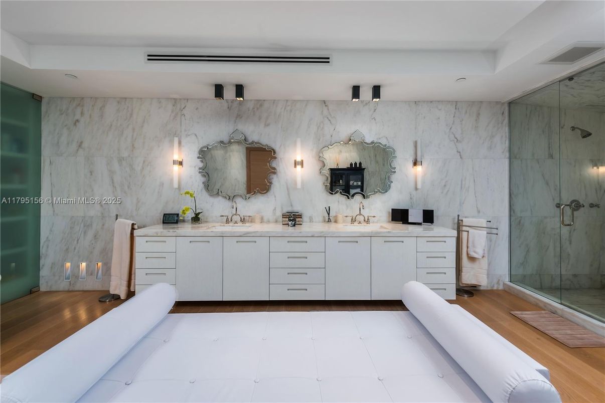 Bathroom, Dual Sink Vanities, Glass Shower, Interior, Marble Walls