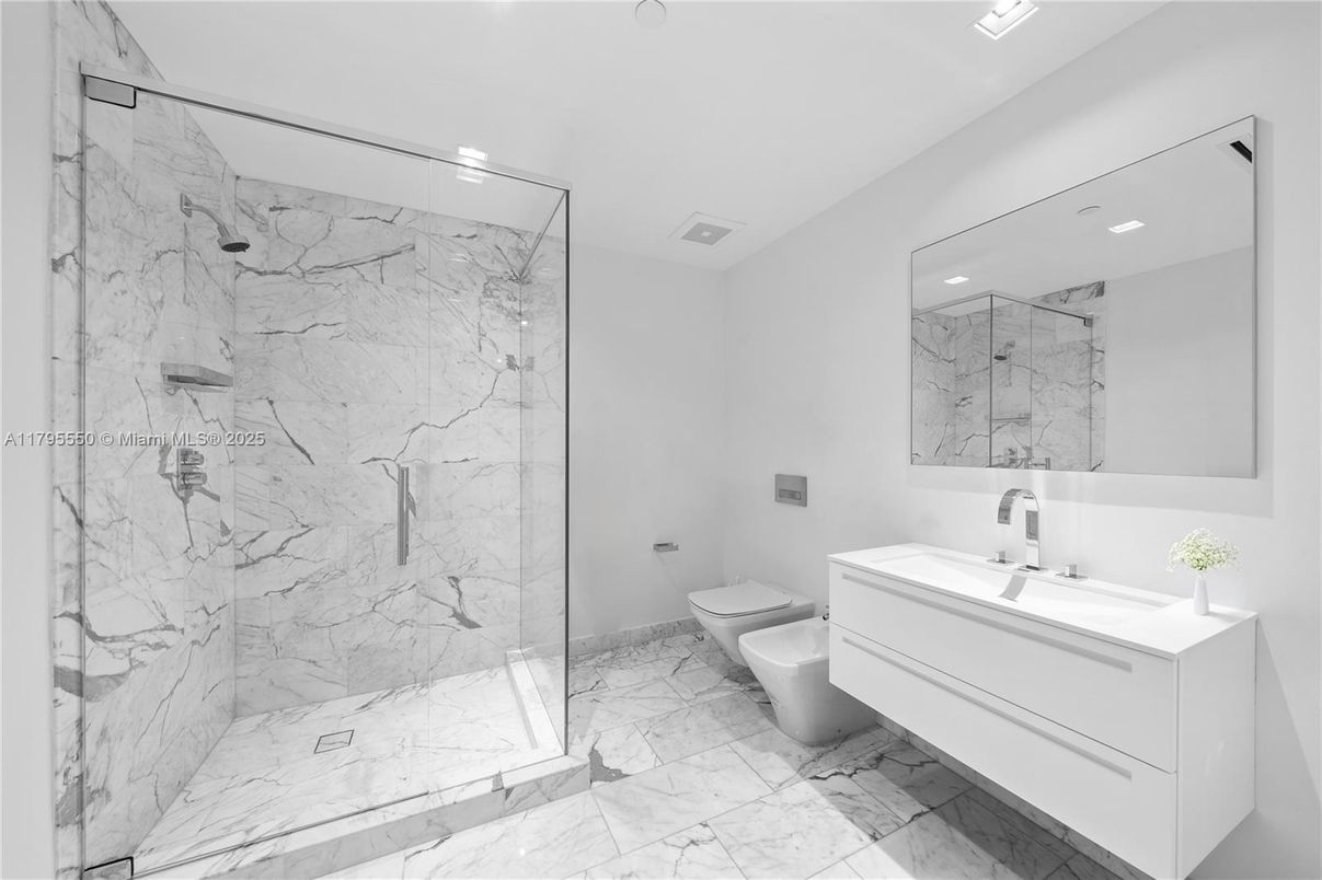 Bathroom, Glass Shower, Interior, Marble, Marble Walls, Recessed Lighting