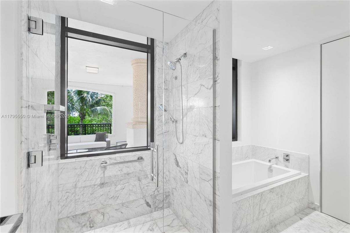 Bathroom, Glass Shower, Interior, Marble, Marble Walls, Recessed Lighting