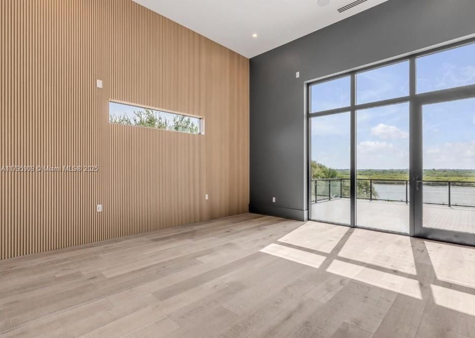 Empty room, Interior, Recessed Lighting, Water, Wood Texture Flooring, Wooden Walls