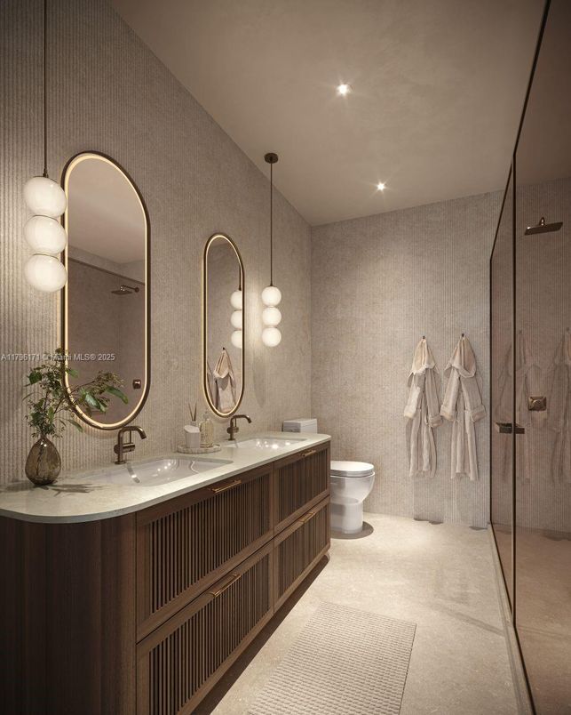 Bathroom, Dual Sink Vanities, Glass Shower, Interior, Pendant Lights, Recessed Lighting