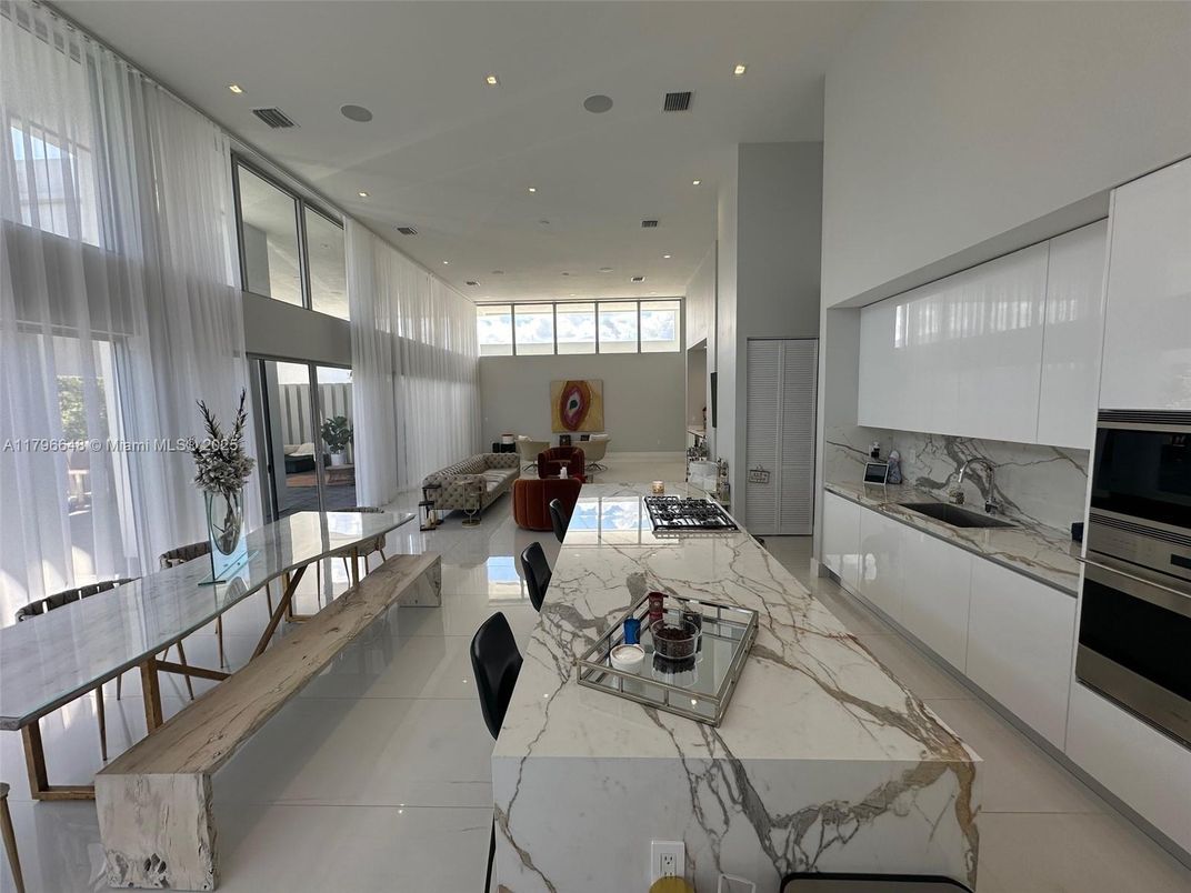 Interior, Kitchen, Living room, Marble Walls, Recessed Lighting, Stainless Steel Appliances
