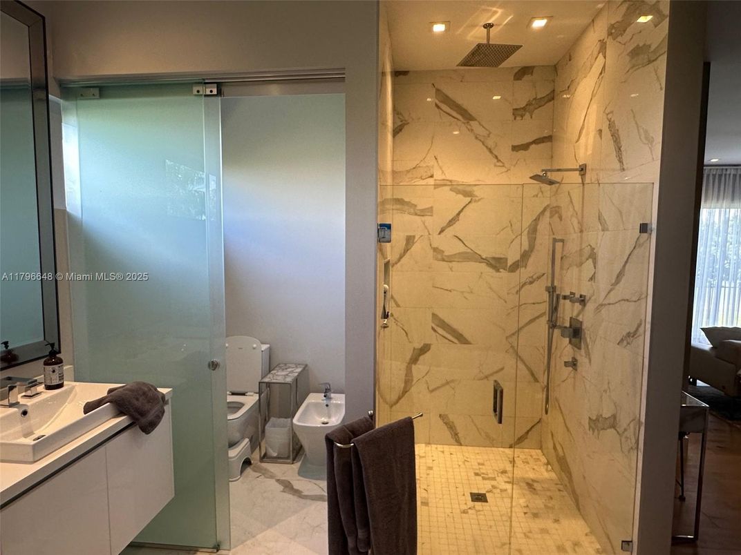 Bathroom, Glass Shower, Interior, Marble, Marble Walls, Recessed Lighting