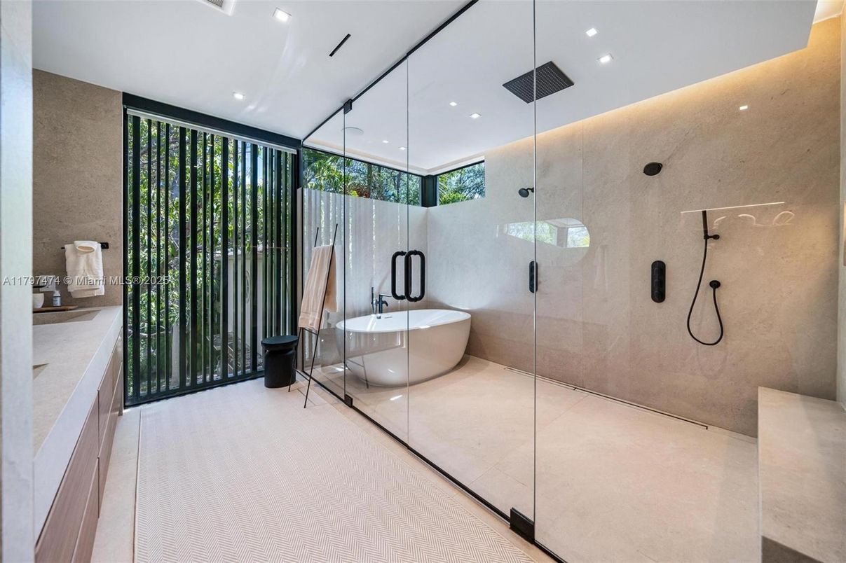 Bathroom, Free Standing Baths, Glass Shower, Interior, Recessed Lighting