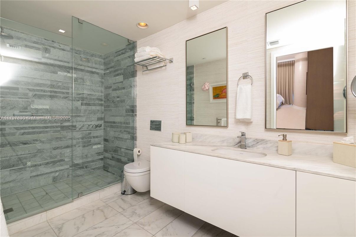 Bathroom, Dual Sink Vanities, Glass Shower, Interior, Marble, Recessed Lighting