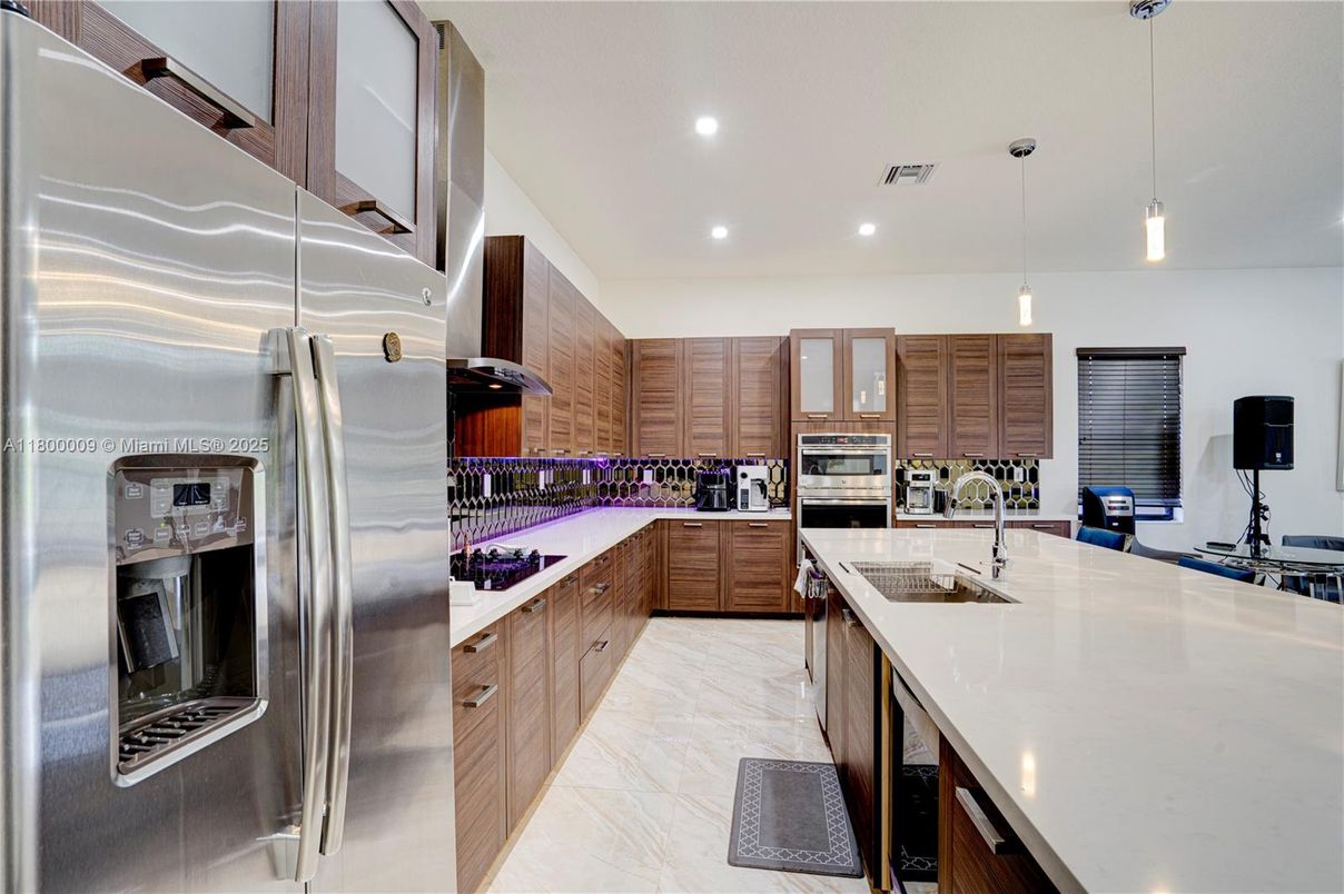 Interior, Kitchen, Marble, Pendant Lights, Recessed Lighting, Stainless Steel Appliances