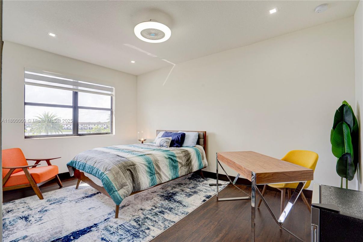 Bedroom, Interior, Recessed Lighting, Wood Texture Flooring