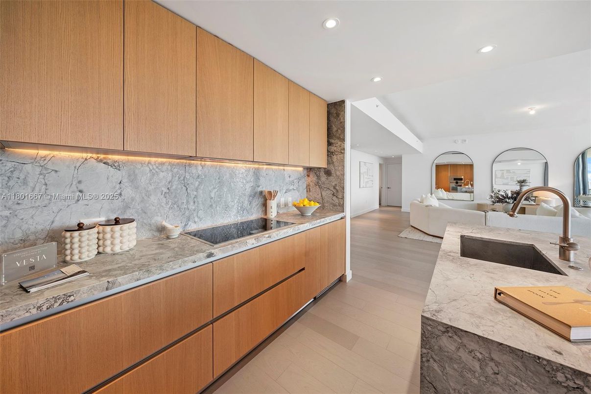 Interior, Kitchen, Living room, Marble Walls, Recessed Lighting, Wood Texture Flooring