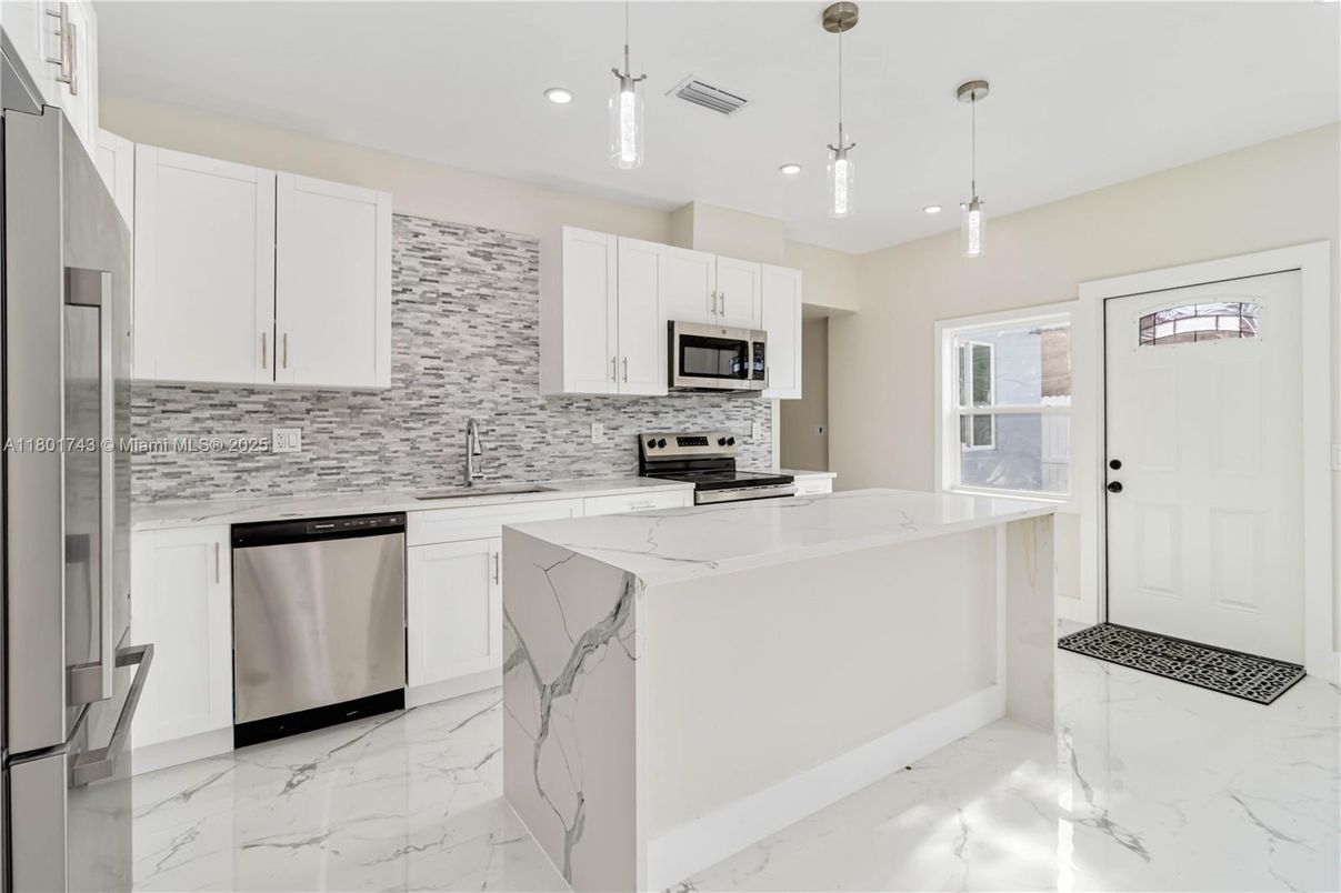 Interior, Kitchen, Marble, Pendant Lights, Recessed Lighting, Stainless Steel Appliances