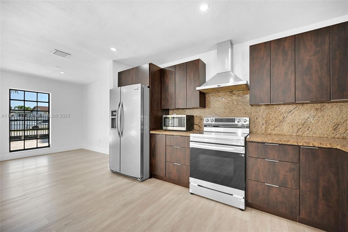 Interior, Kitchen, Recessed Lighting, Stainless Steel Appliances, Wood Texture Flooring