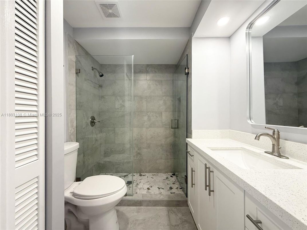 Bathroom, Glass Shower, Interior, Marble Walls, Recessed Lighting