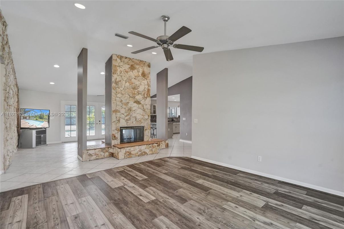 Empty room, Fireplace, Interior, Recessed Lighting, Wood Texture Flooring