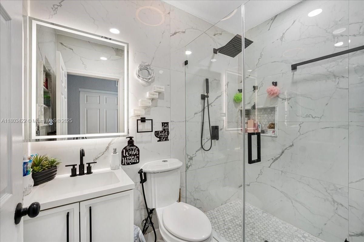 Bathroom, Glass Shower, Interior, Marble Walls, Recessed Lighting
