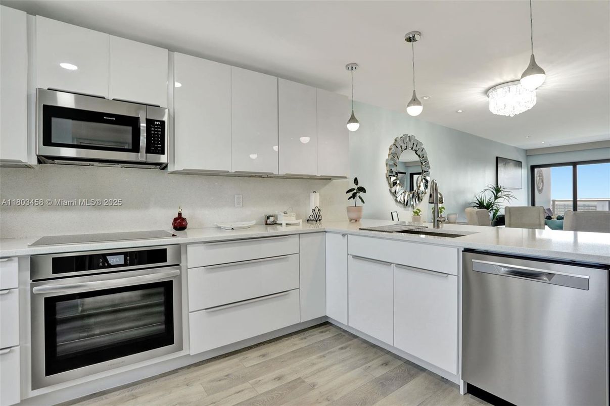 Interior, Kitchen, Pendant Lights, Stainless Steel Appliances, Wood Texture Flooring