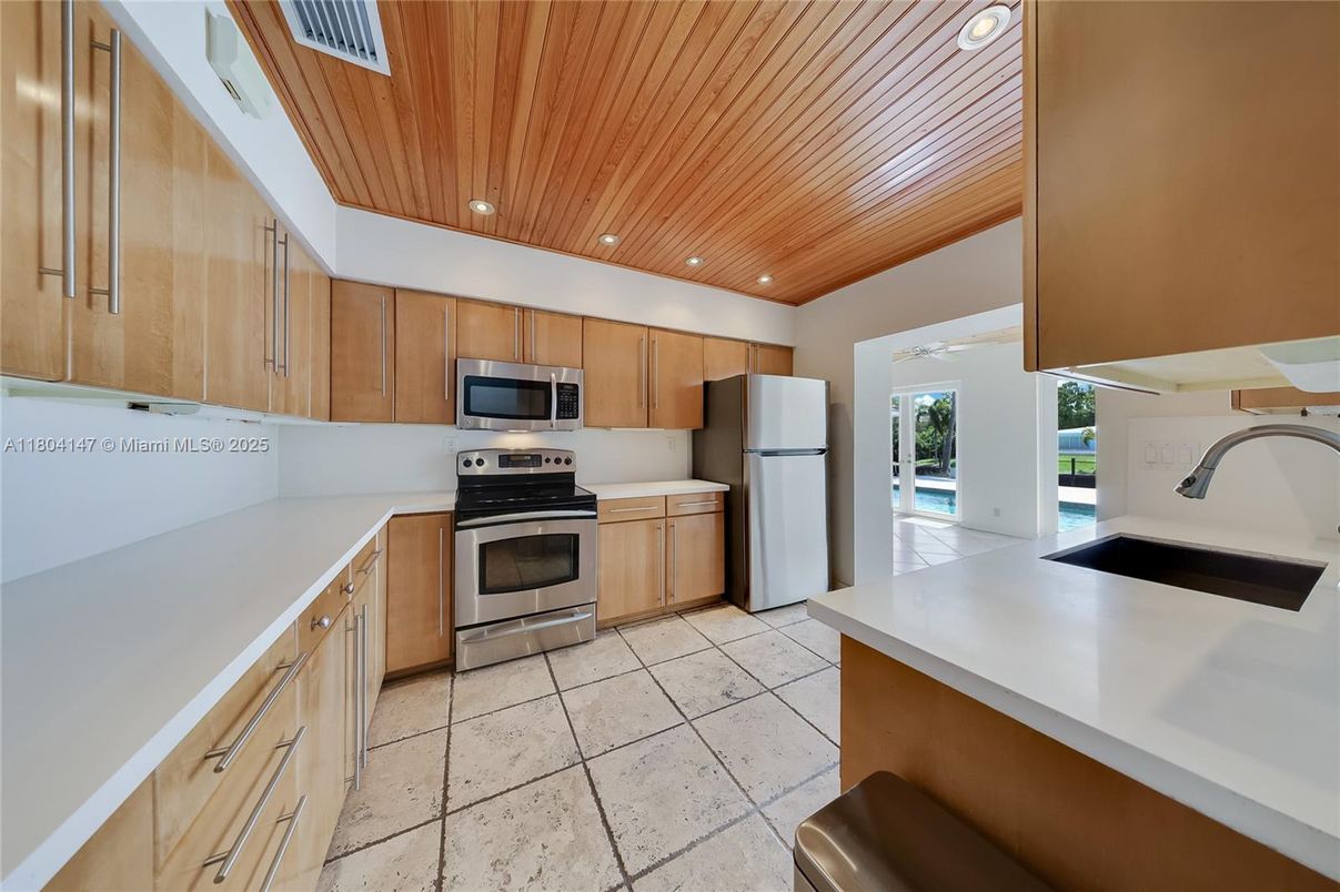 Interior, Kitchen, Recessed Lighting, Stainless Steel Appliances, Wooden Ceilings