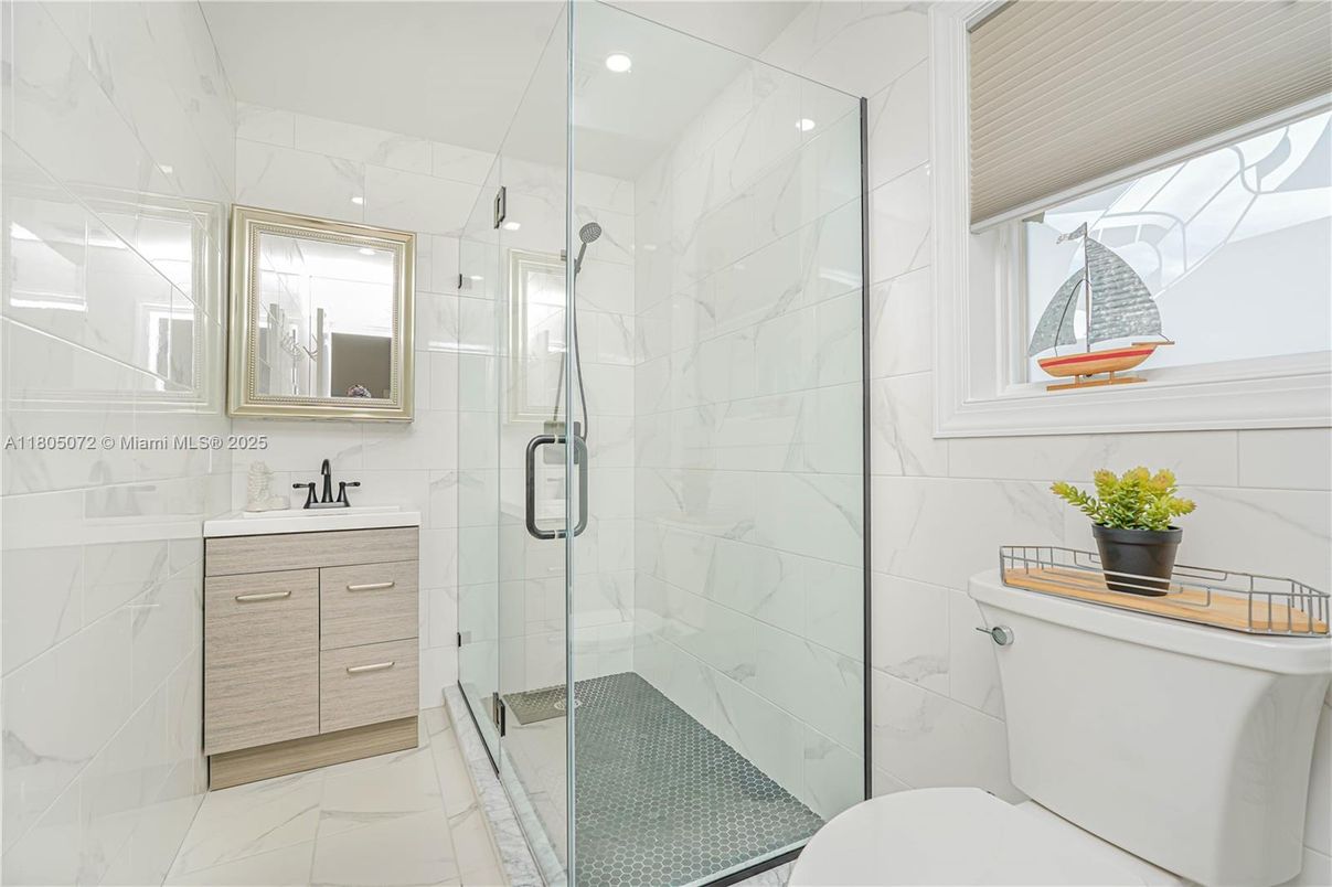 Bathroom, Glass Shower, Interior, Marble, Marble Walls, Recessed Lighting