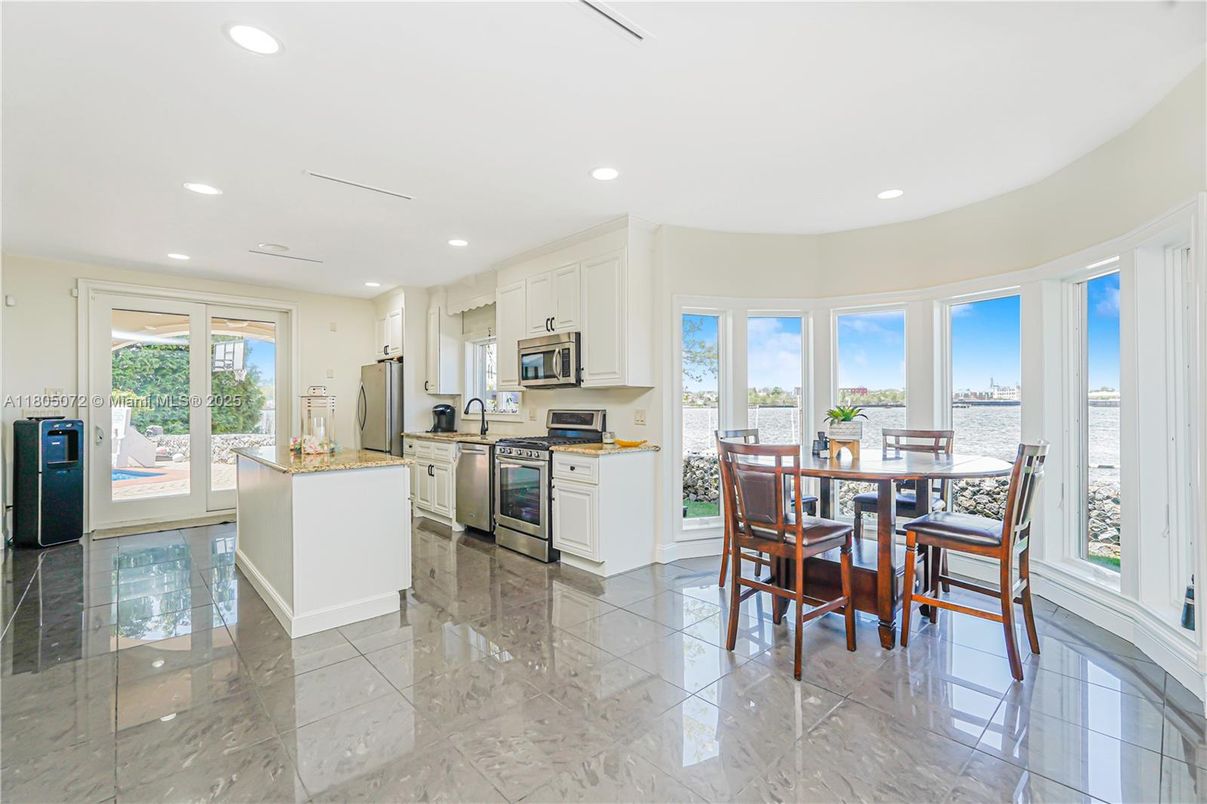Dining room, Interior, Kitchen, Marble, Recessed Lighting, Stainless Steel Appliances, Water