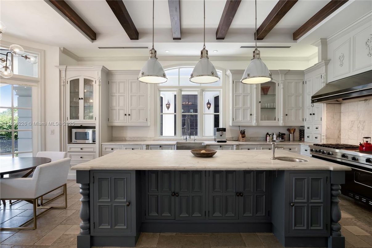 Interior, Kitchen, Pendant Lights, Stainless Steel Appliances, Wooden Beams