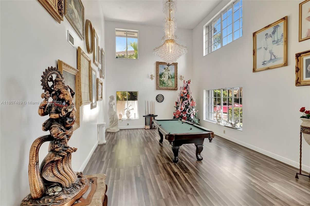 Billiard Table, Chandelier, Game Room, Interior, Wood Texture Flooring