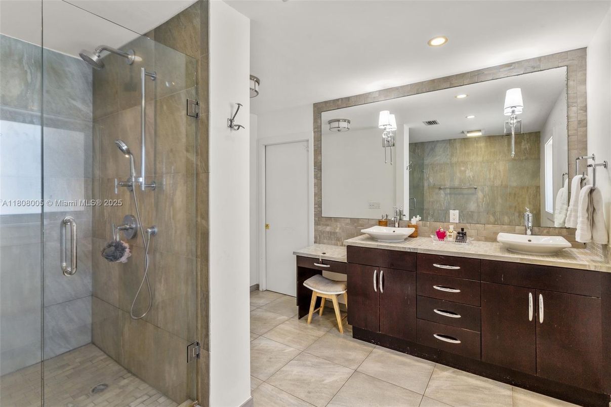 Bathroom, Dual Sink Vanities, Glass Shower, Interior, Recessed Lighting