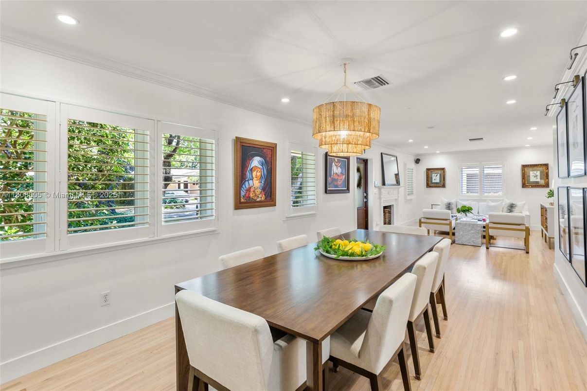 Chandelier, Dining room, Fireplace, Interior, Living room, Recessed Lighting, Wood Texture Flooring