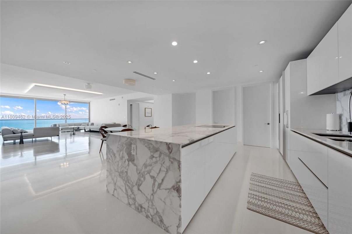 Dining room, Interior, Kitchen, Marble Walls, Pendant Lights, Recessed Lighting, Water