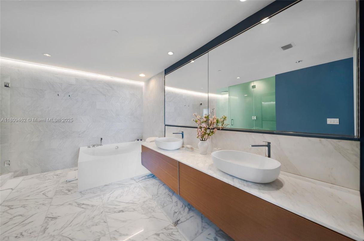 Bathroom, Dual Sink Vanities, Interior, Marble, Marble Walls, Recessed Lighting
