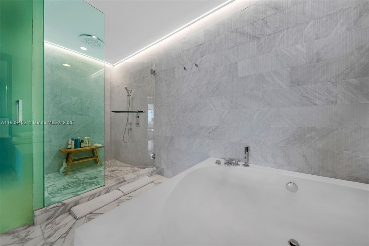 Bathroom, Glass Shower, Interior, Marble, Marble Walls, Recessed Lighting