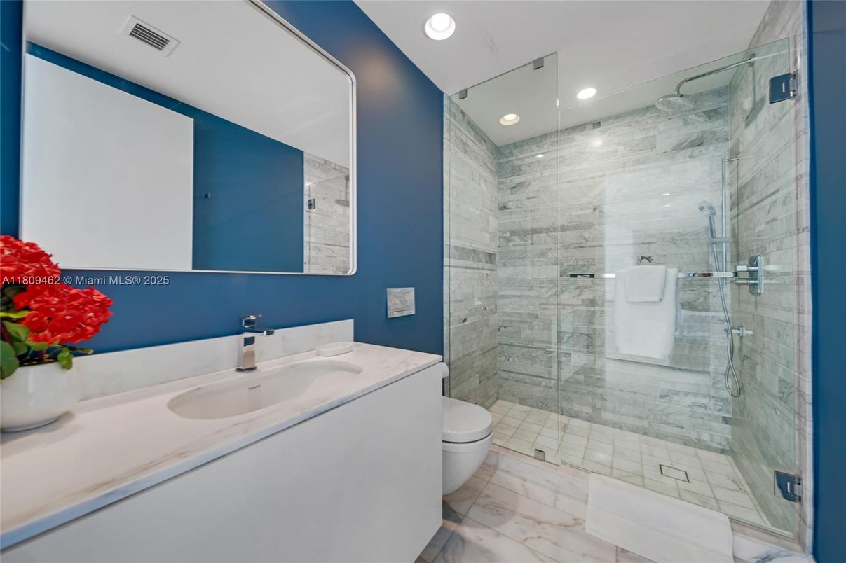 Bathroom, Glass Shower, Interior, Marble, Marble Walls, Recessed Lighting