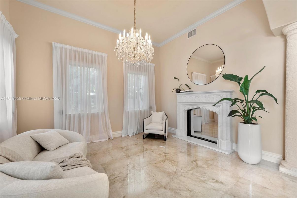 Chandelier, Fireplace, Interior