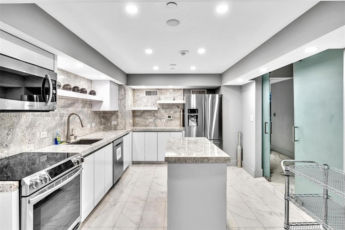 Interior, Kitchen, Marble, Recessed Lighting, Stainless Steel Appliances