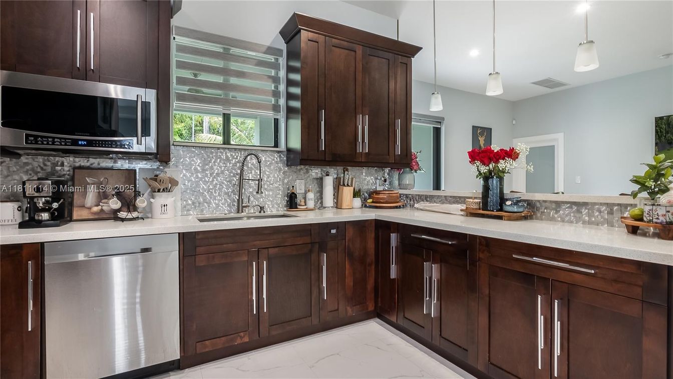 Interior, Kitchen, Marble, Pendant Lights, Recessed Lighting, Stainless Steel Appliances