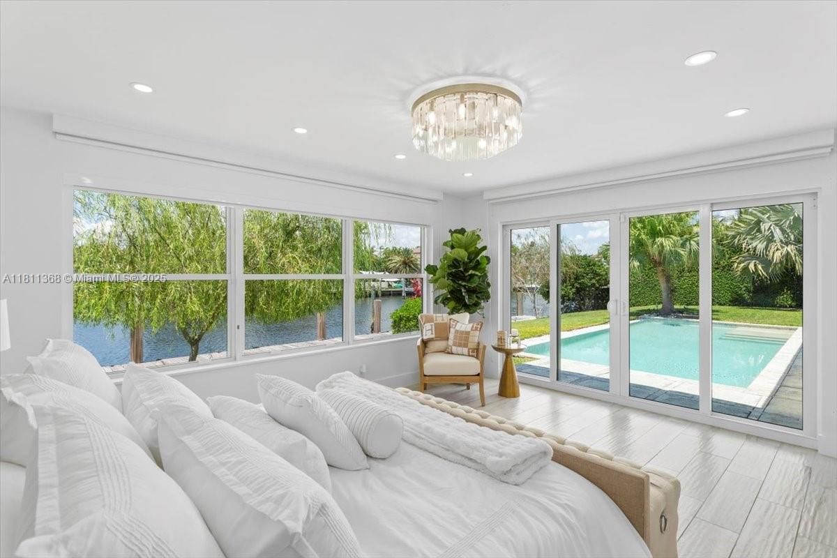 Bedroom, Chandelier, Interior, Recessed Lighting, Water, Wood Texture Flooring