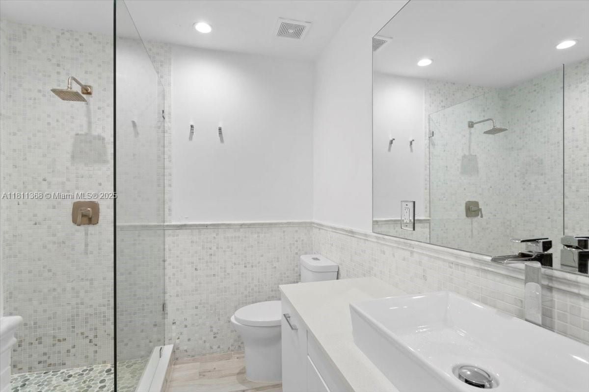 Bathroom, Glass Shower, Interior, Recessed Lighting, Wood Texture Flooring