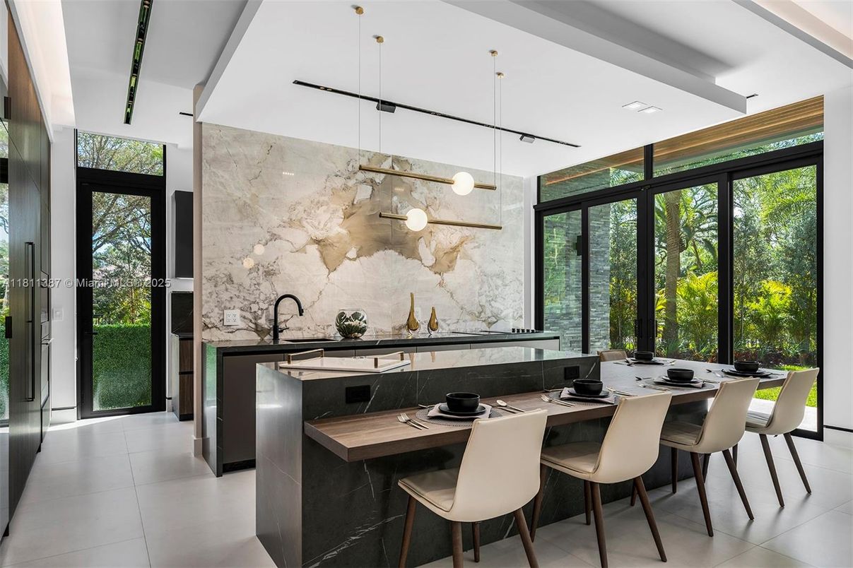 Interior, Kitchen, Marble Walls, Pendant Lights