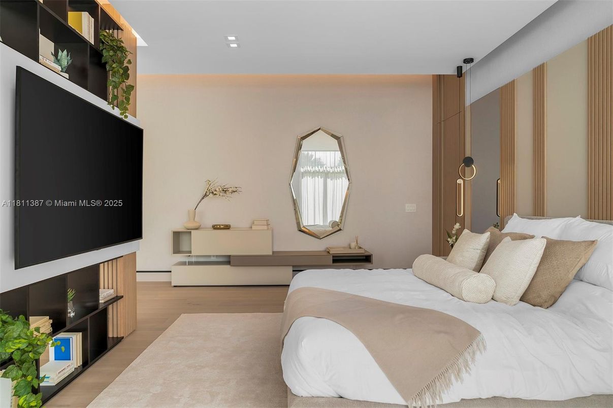 Bedroom, Interior, Recessed Lighting, Wood Texture Flooring