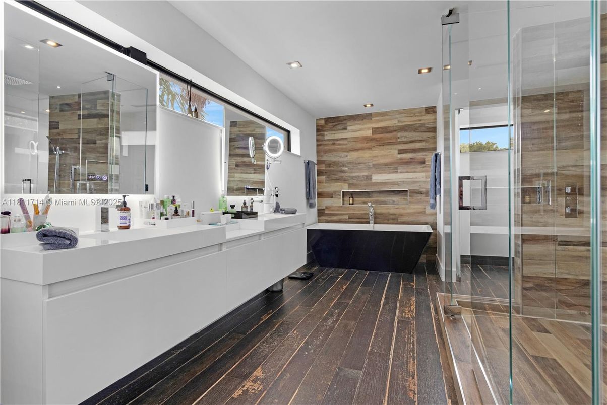 Bathroom, Dual Sink Vanities, Free Standing Baths, Glass Shower, Interior, Recessed Lighting, Wood Texture Flooring, Wooden Walls