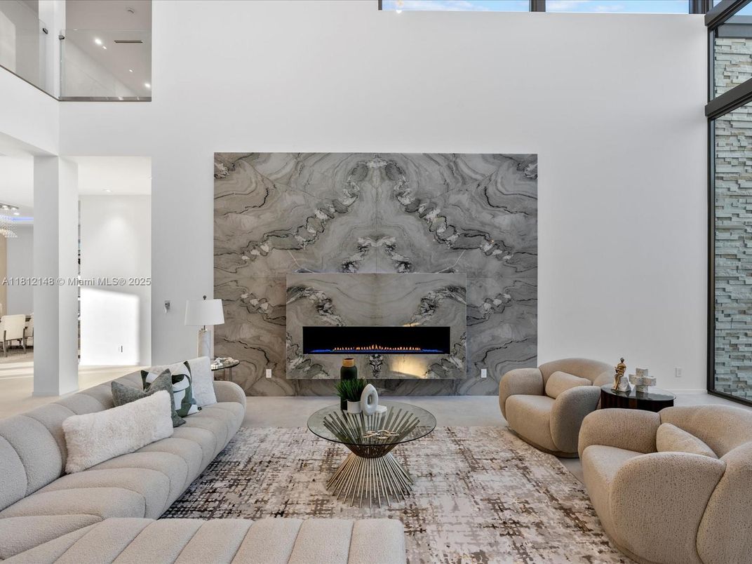 Fireplace, Interior, Living room, Marble Walls, Recessed Lighting