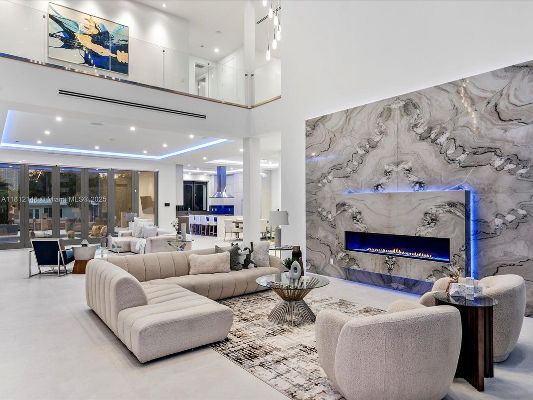Fireplace, Interior, Living room, Marble Walls, Recessed Lighting