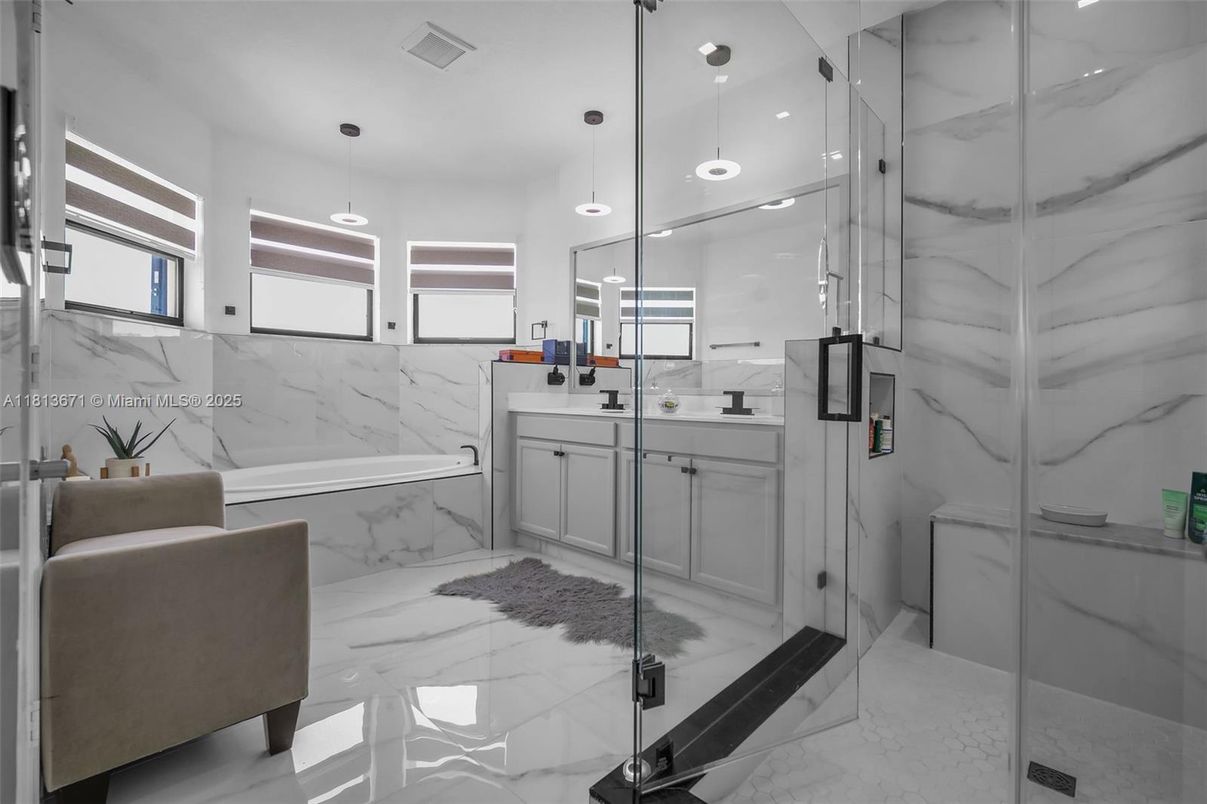 Bathroom, Glass Shower, Interior, Marble, Marble Walls, Pendant Lights